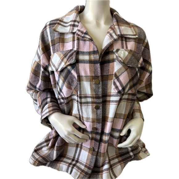 Oversized Plaid Flannel Shacket Shirt Jacket XXL Brown Pink White - Picture 1 of 11